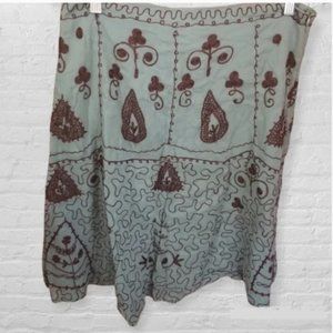 Vintage turquoise skirt with brown embroidered pattern